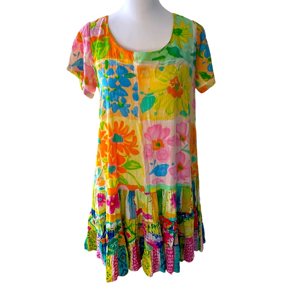Vintage Jams World Hattie Dress Size Medium Floral Print Neon Pastel Colors